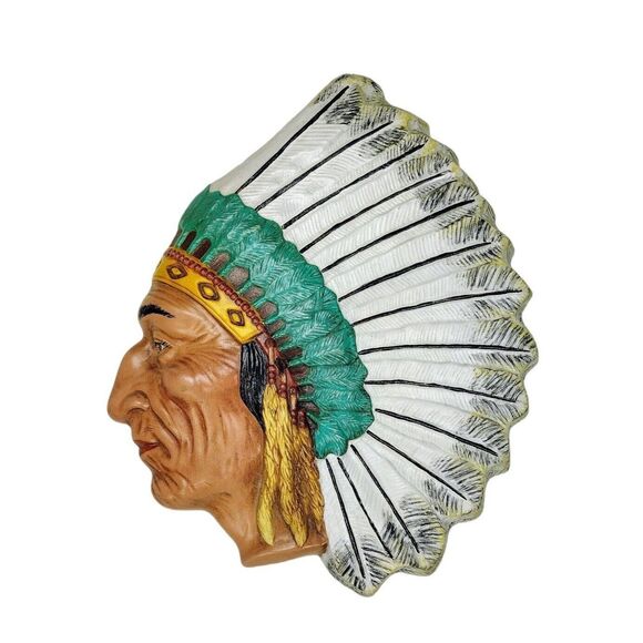Vintage 1940s Headdress Native American Chief Chalkware Plaster Wall Hanging - Picture 1 of 9